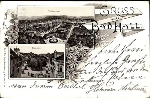 Litho Bad Hall in Oberösterreich, Totalansicht von der Stadt, Promenade