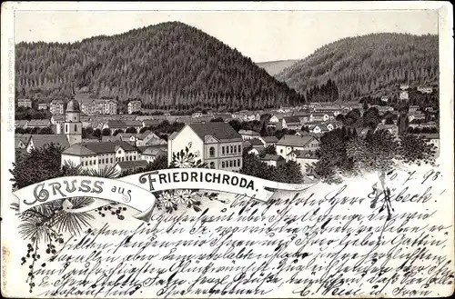 Litho Friedrichroda im Thüringer Wald, Panoramaansicht von Stadt und Umgebung