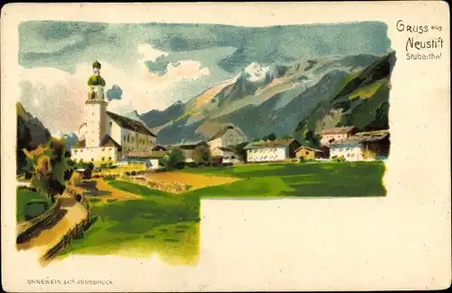 Künstler Litho Neustift im Stubaital in Tirol, Ortschaft mit Landschaftsblick