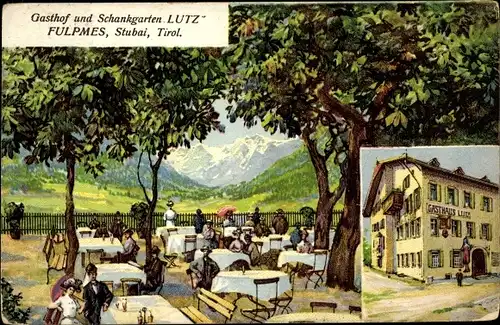 Künstler Ak Fulpmes in Tirol, Gasthof und Schankgarten Lutz, Terrasse