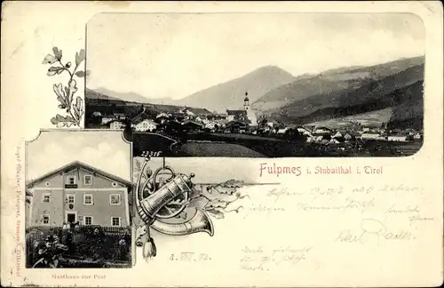 Ak Fulpmes in Tirol, Gasthaus zur Post, Ortschaft mit Landschaftsblick, Posthorn