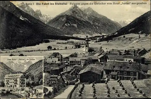 Ak Fulpmes in Tirol, Telfes, Hotel Serles, Gletscher, Kirche, Ortschaft mit Landschaftsblick