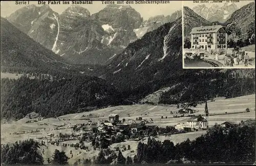 Ak Telfes im Stubai in Tirol, Ortschaft mit Landschaftsblick, Hotel Serles, Schlickerspitzen
