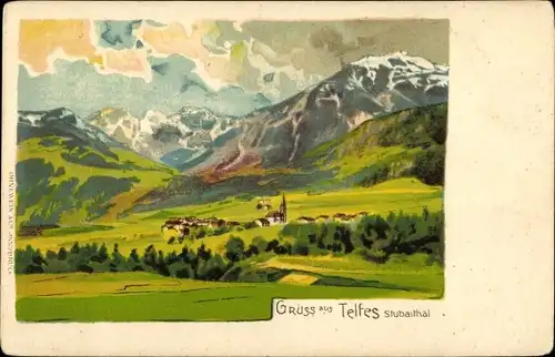 Künstler Litho Telfes im Stubai in Tirol, Ortschaft mit Landschaftsblick