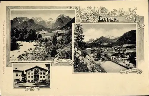 Ak Lofer in Salzburg, Gasthof zur Post, Steinberge, Reitergebirge, Landschaftspanorama