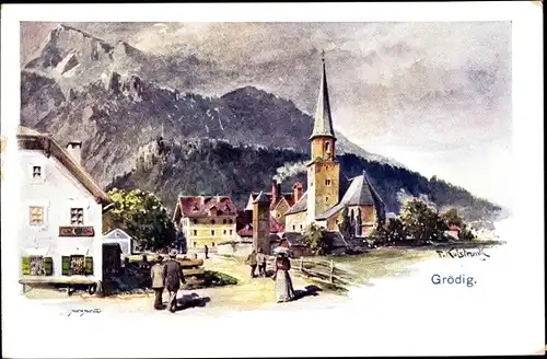 Künstler Ak Kulstrunk, F., Grödig in Salzburg, Teilansicht der Ortschaft, Kirche, Gebirge