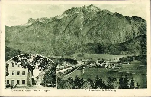 Ak Sankt Leonhard Grödig in Salzburg, Gasthaus Schorn, Bes. E. Ziegler, Landschaftspanorama