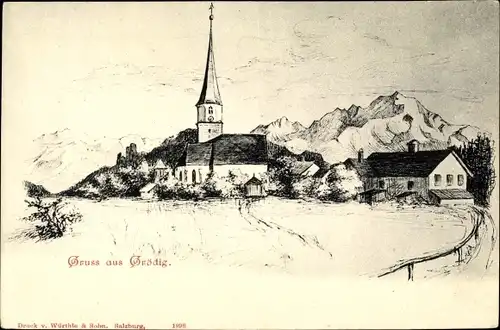 Künstler Ak Grödig in Salzburg, Blick auf die Kirche