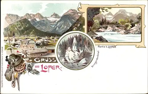 Litho Lofer in Salzburg, Kriegerdenkmal, Flusspartie, Landschaftspanorama