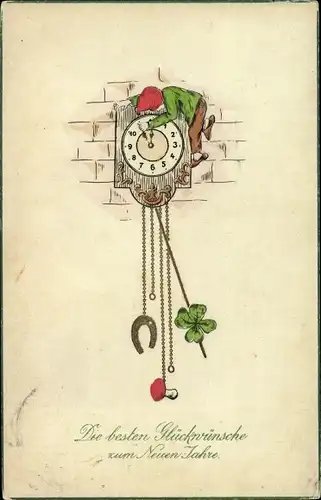 Präge Litho Glückwunsch Neujahr, Zwerg stellt eine Uhr auf Mitternacht, Kleeblatt, Pilz, Hufeisen