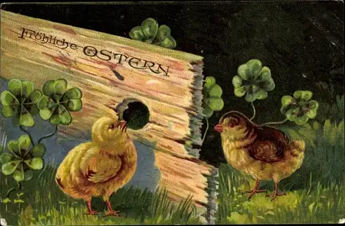 Präge Litho Glückwunsch Ostern, Zwei Küken mit Kleeblättern