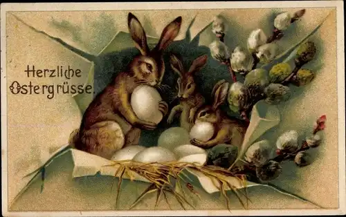 Ak Glückwunsch Ostern, Osterhasen, Ostereiernest, Weidenkätzchen