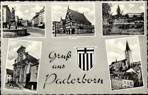 Ak Paderborn Westfalen, Wappen, Kamp, Rathaus, Anlagen, Dom, Franziskanerkirche, Liboriusbrunnen