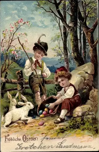 Präge Litho Glückwunsch Ostern, Zwei Kinder mit bunten Ostereiern und zwei weiße Hasen