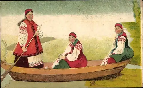 Künstler Ak Drei Frauen in russischen Volkstrachten in einem Ruderboot