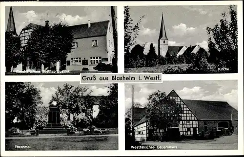 Ak Blasheim in Westfalen, Geschäftshaus Gottlieb Bussiek, Ehrenmal, Kirche, Westfäl. Bauernhaus