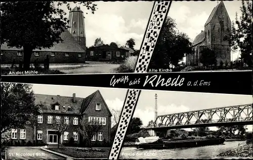 Ak Rhede Ems, An der Mühle, Alte Kirche, St. Nicolaus Stift, Partie am Kanal