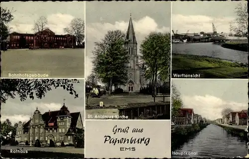 Ak Papenburg im Emsland, Bahnhofsgebäude, Rathaus, St. Antonius Kirche, Werftansicht, Hauptkanal