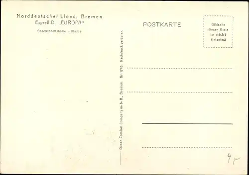 Ak Dampfschiff Europa, Norddeutscher Lloyd Bremen, Gesellschaftshalle I. Klasse