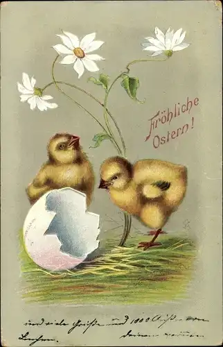 Präge Litho Glückwunsch Ostern, Zwei Küken neben einer Eierschale, Blume