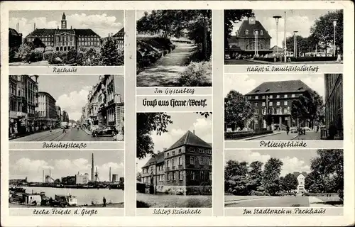 Ak Herne Ruhrgebiet, Omnibusbahnhof, Zeche Friedrich d. Große, Schloss Strünkede,Gaststätte Borgmann