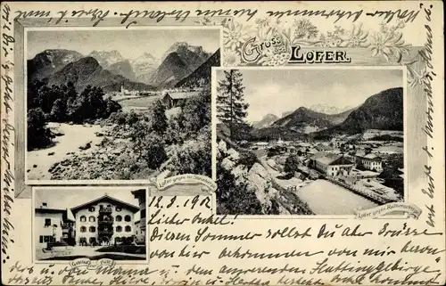 Ak Lofer in Salzburg, Teilansichten, Blick gegen Reitergebirge, Gasthof zur Post
