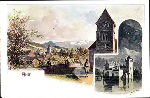 Künstler Ak Anif in Salzburg, Ortschaft, Kirche, Wasserschloss