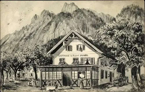 Künstler Ak Grödig in Salzburg, Gasthof zum Untersberg, Bes. Rupert Schnöll