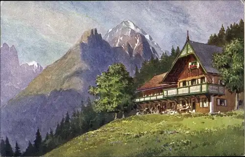 Künstler Ak Telfes im Stubai in Tirol, Alpenwirtschaft Frohneben, Blick gegen Habicht und Ilmspitzen