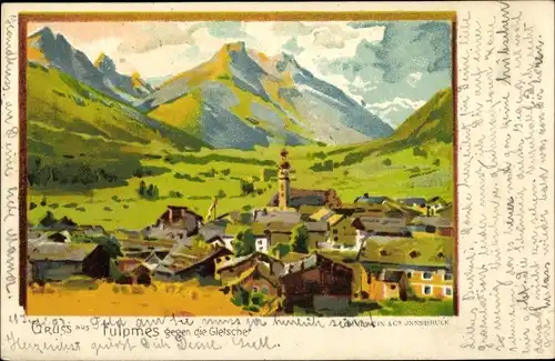 Litho Fulpmes in Tirol, Totalansicht gegen die Gletscher