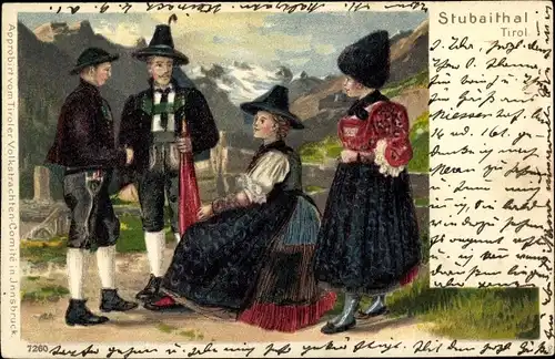 Litho Stubaital Tirol, Tiroler Trachten, Männer, Frauen