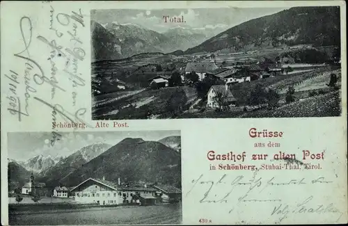 Mondschein Ak Schönberg im Stubaital in Tirol, Gasthof zur alten Post