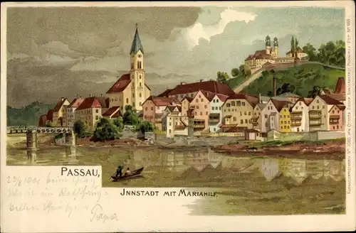 Litho Passau in Niederbayern, Innstadt mit Mariahilf