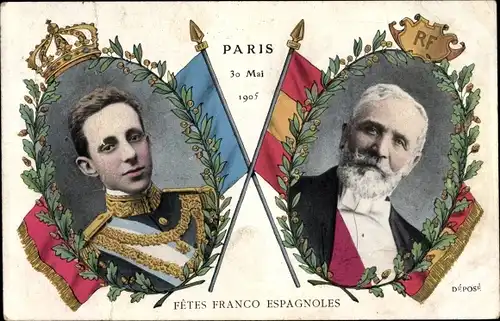 Ak Paris, König Alfons XIII. von Spanien, Président de la République Émile Loubet, 30.5.1905