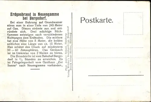 Ak Hamburg Bergedorf Neuengamme, Erdgasbrand bei Bohrungen 1910, Stichflamme