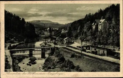 Ak Wolkenstein im Erzgebirge, Blick auf Flossplatz, Bahnhof, Wehr