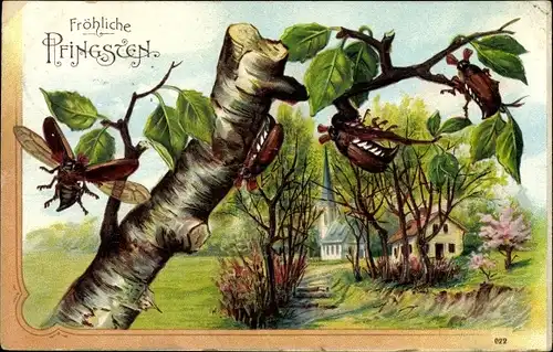 Präge Litho Glückwunsch Pfingsten, Maikäfer auf einem Baum, Landschaftsansicht mit Kirche