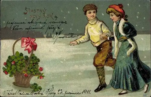 Präge Litho Glückwunsch Neujahr, Mann und Frau Hand in Hand, Kleeblätter in einem Korb
