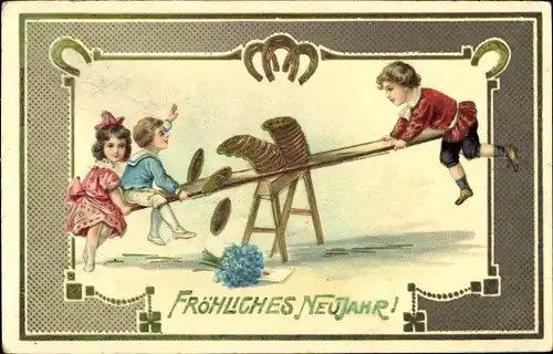 Präge Litho Glückwunsch Neujahr, Kinder auf einer Wippe, Münzen, Hufeisen