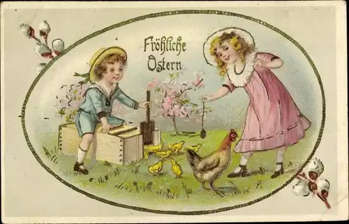 Präge Litho Glückwunsch Ostern, Kinder lassen Küken auf eine Wiese, Weidenkätzchen, Osterei