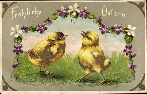 Präge Litho Glückwunsch Ostern, Zwei Küken auf einer Wiese, Blumengirlande