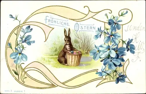 Präge Litho Glückwunsch Ostern, Osterhase mit Korb voll bunter Eier