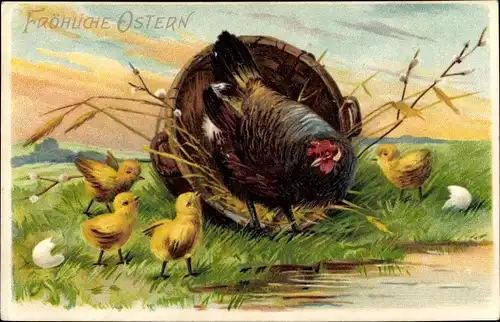 Präge Litho Glückwunsch Ostern, Schwarzes Huhn und Küken, Eierschale