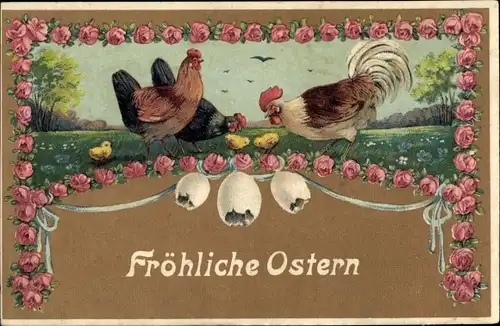 Präge Litho Glückwunsch Ostern, Drei Hühner mit Küken, Eierglocken, Rosenblüten