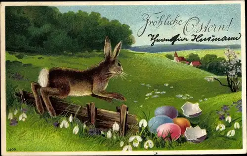 Präge Litho Glückwunsch Ostern, Osterhase auf einer Frühlingswiese, Ostereier, Schneeglöckchen