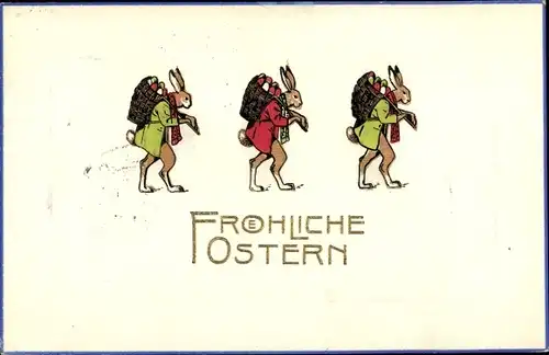 Präge Litho Glückwunsch Ostern, Drei Osterhasen mit Rückentragen mit Ostereiern