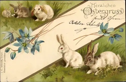 Präge Litho Glückwunsch Ostern, Fünf Hasen auf einer Wiese, Blüten