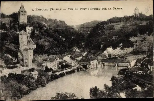 Ak Fribourg Freiburg Stadt Schweiz, vue du Pont suspendu sur la Sarine