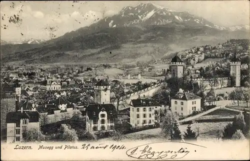 Ak Luzern Stadt Schweiz, Musegg und Pilatis, Blick auf den Ort, Berg
