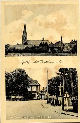 Ak Bakum in Niedersachsen, Fernansicht mit Blick zur Kirche, Kaufhaus Beckmann